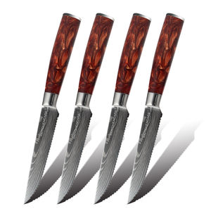 KITCHENCARE, venta al por mayor, patrón de Damasco, cuchillo de cocina Beaf, <span class=keywords><strong>4</strong></span> Uds., juego de cuchillos para carne con mango de resina roja - Product Image 2
