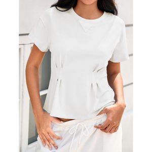 Hauts à volants pour femmes, manches courtes, col rond, chemisier plissé, décontracté, blanc, été - Product Image 2