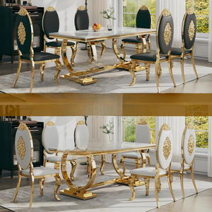 Ensemble de table à manger en acier inoxydable argenté pour 6 personnes, table à manger moderne avec plateau en marbre blanc et chaises argentées, utilisation à domicile ou à l'hôtel - Product Image 5