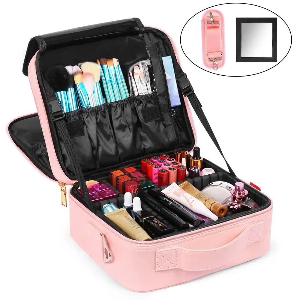 Travel Makeup Bag Cosmetic Case Women Makeup Storage Organizer for removable Mirror and Shoulder strap with Adjustable Dividers