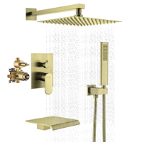 Ensemble de douche à poignée unique en laiton poli pré-installé cascade de pluie brossé or chrome robinet de salle de bain encastré Design