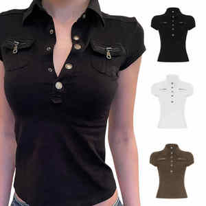 Camiseta de Cuello Polo Ajustada para Mujer, con Bolsillo con Cremallera, Manga Corta, Botones, Estilo Y2K, Moda Urbana - Product Image 1