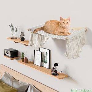 Hamaca de Pared para Gatos con Estante de Madera y Cuerda de Algodón, Mueble para Gatos Estilo Boho para Dormir y Escalar - Product Image 6