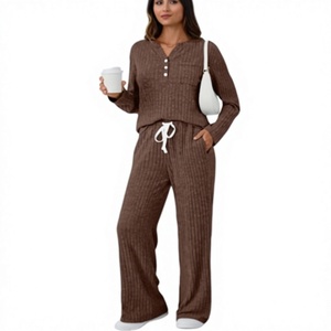 Conjunto de dos piezas de ropa para estar en casa de punto acanalado para mujer, suéter suave de manga larga con pantalones holgados y cómodos. - Product Image 3