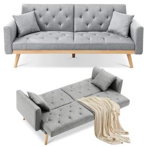 Sofá Moderno Tapizado Convertible en Cama, Sofá Cama de Lino, Sofá de Dos Plazas con Armazón de Madera para el Hogar - Gris Claro - Product Image 1