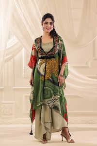 Compre un Kaftán Estampado de Diseñador con Vestido Interior para Mujer, Ropa Bohemia Étnica para Vacaciones, Fiesta o Resort, Atuendo Elegante - Product Image 5