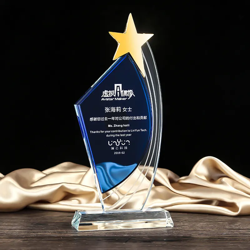 Momentoes-trofeo personalizado de plástico y metal, trofeo de cristal acrílico con base de madera, regalo de negocios