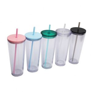 Nouvelle tasse en plastique double couche épaissie, grande capacité, style européen et américain, simple, transparente, avec paille, pour l'extérieur - Product Image 2
