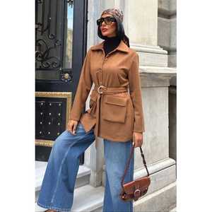 Chaqueta Camisera Midi con Cinturón Color Tabaco, Blazer Tejido de Manga Larga, Estilo Otoñal para Mujer, Talla L - Product Image 2