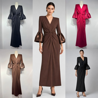 Robe de soirée plissée en cuivre métallisé pour femme, col bénitier, manches à volants, col montant, manches longues, robe longue modeste, vente en gros, nouveauté