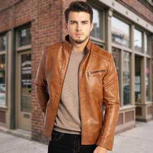 Customizable Unisex 100% Natural Eco-Friendly Canvas Calf Sheep Leather <b>Racer</b> <b>Jacket</b> Mandarin Collar Zipper Closure Front - Product Image 1