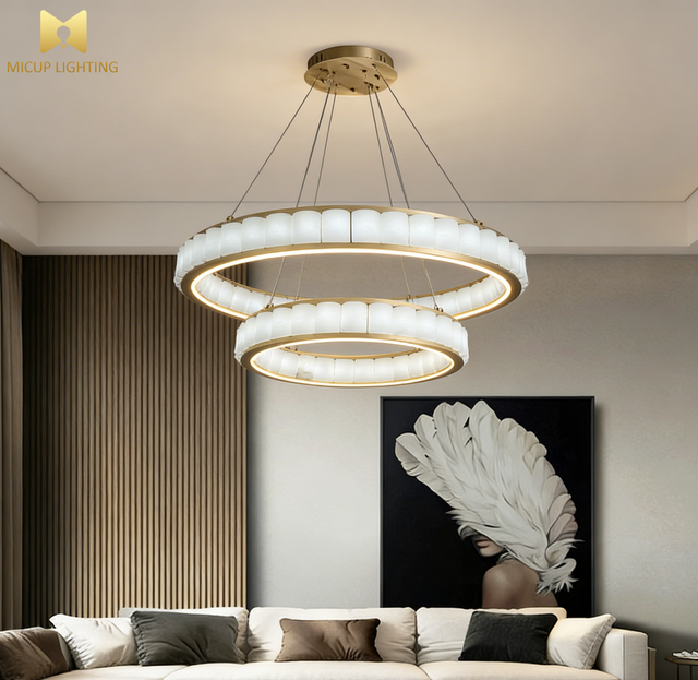 Italian Luxury Design White Double Ring LED Chandelier Spanish Natural Alabaster Pendant Light