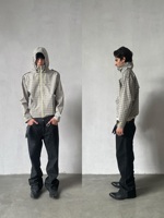 Veste à capuche zippée en tissu écossais tissé de haute qualité, avec poche contrastante et cordon de serrage, légère, pour hommes, fabriquée sur mesure par une usine de vêtements