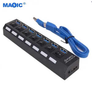 Bilgisayar donanımı yazılım USB 3.0 2.0 Hub Splitter AC güç adaptörü usb hub 7 port ile On/Off anahtarları ve led'ler