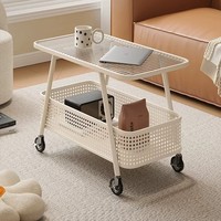 Table d'appoint mobile en verre sur roulettes avec rangement pour salon, chambre et mobilier de maison