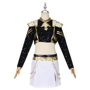 Traje de actuación Kpop Starry Romance, Top corto con lentejuelas en negro y dorado con falda blanca para mujer, ropa de escenario - Product Image 5
