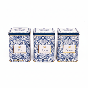 Square Metal <b>Canister</b> <b>Set</b> – 87x87x125 mm (<b>Set</b> of 3) Azulejo-Inspired Blue & White Decorative Pattern Azulejos Design - Product Image 2