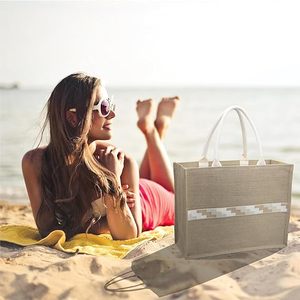 Nouveau sac fourre-tout en toile de jute rayé, grand sac tissé en jute pour femmes, idéal pour la plage, les courses, les mariages, les anniversaires, les remises de diplômes - Product Image 5