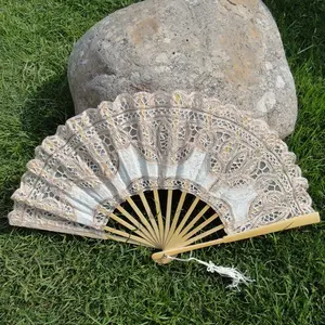 Wedding Embroidery Cotton Lace Fan Battenburg Bamboo Fan