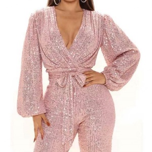 Combinaison sexy de soirée haut de gamme pour femme, à sequins, col en V profond, manches longues - Product Image 4