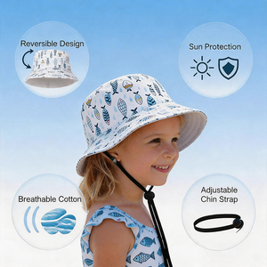 Sombrero de Pescador para Niños, Protección Solar, Algodón, Diseño de Peces de Dibujos Animados, Reversible, Sombrero de Sol para Niños, Gorra de Playa para Niños Pequeños con Cuerda Ajustable - Product Image 1