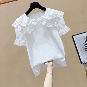 Blusa de gasa con cuello en V para mujer, nuevo estilo de verano 2024, manga corta, cuello Peter Pan con volantes, moderna, holgada, adelgazante y - Product Image 4