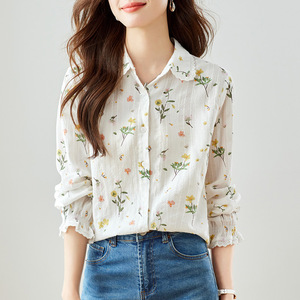 Lace Lapel Long Sleeve Shirt <strong>Women's</strong> Summer New Elegant Lady Pure Cotton Embroidery Shirt - Product Image 2
