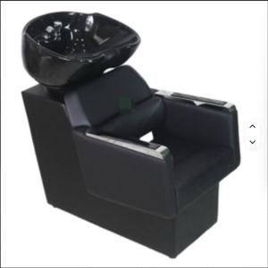 Station de lavage de cheveux pour salon de beauté et barbier, avec bac inclinable en céramique blanc et noir et siège réglable - Product Image 2