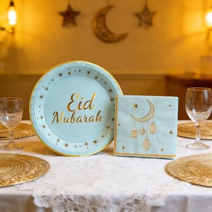 DAMAI Ramadan Eid Decorations Cyan Plate with Golden Letter Eid Mubark Star Moon <b>Disposable</b> <b>Tableware</b> Paper Plates Napkins - Product Image 1