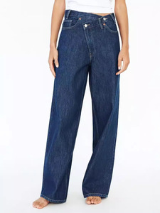 <b>Women</b> High Rise Vintage Denim Wide Leg <b>Jeans</b> Embroidery Rivet <b>Button</b> Elastic Loose Oblique <b>Fly</b> Woven Breathable Baggy - Product Image 3