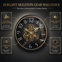 Horloge murale à cadran noir et bordure dorée, style steampunk, engrenage apparent, silencieuse, sans tic-tac, fonctionnant sur piles, étanche