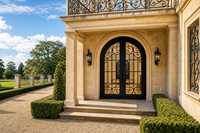 Porte d'entrée double en fer forgé cintrée LINCAI avec panneaux de verre à motifs pour villas et manoirs de luxe