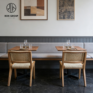 Ensemble de mobilier de restaurant minimaliste : table carrée en bois pour café, chaise de café en rotin, banquette en tissu, sièges de restaurant - Product Image 5