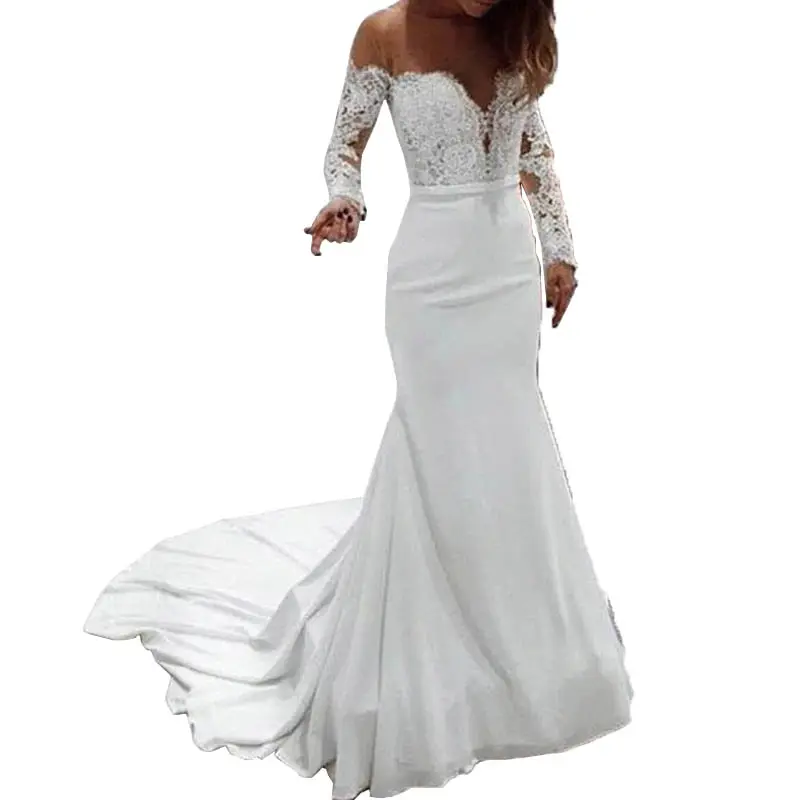 Women's Sexy Prom White Bridal Dresses Sexy Backless Tulle Lace Appliques Mermaid Beach Wedding Dress for Bride