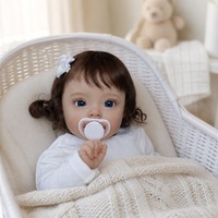 Boneka Bayi Reborn 22 Inci, Vinyl Lembut, Dilukis Tangan, Realistis, Bayi Perempuan Baru Lahir, Rambut Keriting Cokelat, Mata Biru, Pakaian Rajut Putih