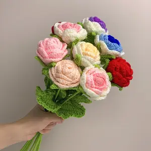 かぎ針編み造花バラ植物ブーケ母の日ギフト結婚式の装飾手作りステムローズ完成品