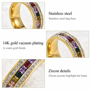Multicolor Zircon <b>Ring</b> <b>Stainless</b> <b>Steel</b> 14K Gold Vacuum Plated Zircon Band Jewelry - Product Image 4