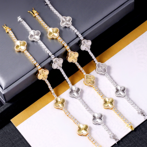 Fashion Four Leaf Gold Plated S925 Silver 3mm 4mm Mossanite Tennis Bracelet Laser Engraving Clover Tennis Chain Jewelry Bracelet - Product Image 1