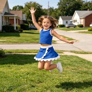 ชุดเด็กผู้หญิง GSD4023 rts Little Active Girl สีน้ำเงินลายตารางขาว แต่งขอบหยัก ชุดขายส่ง เสื้อแขนกุด กระโปรง ชุดโยคะ - Product Image 1