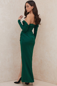 <span class=keywords><strong>Smeraldo</strong></span> <span class=keywords><strong>Verde</strong></span> Abiti di Raso Sexy Delle Donne Drappeggiato Senza Spalline Maxi <span class=keywords><strong>Vestito</strong></span> A Maniche Lunghe Abiti Da Sera - Product Image 4