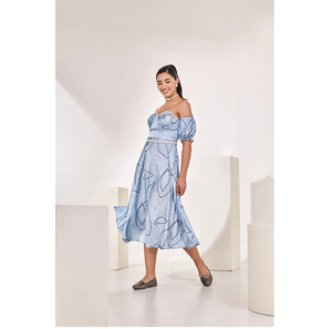 Vestido Midi Azul Estampado con Mangas Desmontables, Elegante, Casual, para Fiesta de Verano, Vestido de Moda para Mujer, Atuendo Moderno y Elegante - Product Image 1