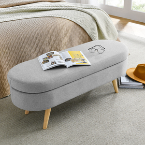 Oval <b>Storage</b> Bench Grey 43.5x16x16 Rubber Wood Legs With <b>Cushion</b> For Entryway Or Bedroom - Product Image 4