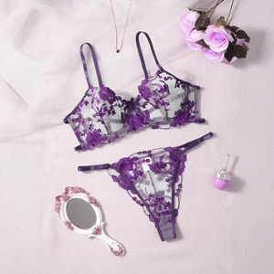Ensemble de lingerie sexy léger en maille semi-transparente avec soutien-gorge à armatures et string à fleurs brodées, taille plus, nouvelle mode 2026 pour femmes - Product Image 2