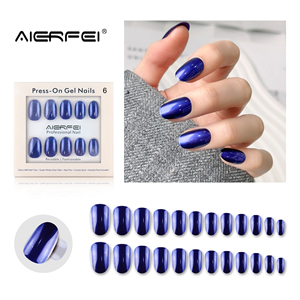 Faux <span class=keywords><strong>ongles</strong></span> à presser en ABS chromé argenté, <span class=keywords><strong>bleu</strong></span> métallisé, forme ovale, 24 pièces, couvrance totale, certifiés CE, pré-conçus - Product Image 2