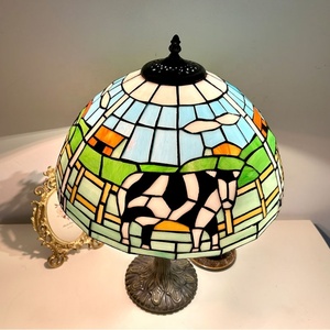 Longhuijing 16Inch Tiffany Handcrafted Art Stained Glass Dome <b>Lamp</b> with AC E26 Rustic Resin <b>Base</b> and Cow Themed Colored Glass - Product Image 5
