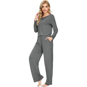 Ensemble de pyjama personnalisé pour femmes en viscose de bambou, haut à manches longues et col en V doux avec pantalon, vêtements de nuit grande taille S-4X gris foncé - Product Image 1