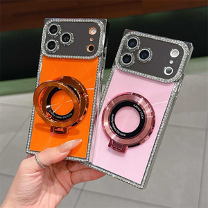 <b>CD</b> Diamond Frame Magnetic holder Square Phone case for iPhone 17 16 15 14 Pro Max Frosted Moire <b>stand</b> bling Bracket Back Cover - Product Image 1
