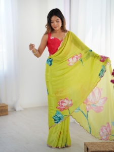 <b>Yellow</b> Heavy Chinnon <b>Saree</b> with Mirror Work for Women Party Wear Traditional Indian Quick Dry All Seasons - Product Image 1