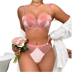 Ensemble <span class=keywords><strong>de</strong></span> soutien-gorge push-up trois quarts en nylon/coton rouge sexy culotte <span class=keywords><strong>de</strong></span> bikini anti-affaissement à motif solide sans fil pour les petits <span class=keywords><strong>seins</strong></span> - Product Image 1