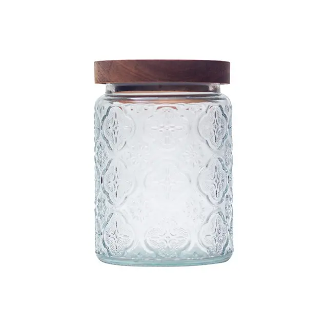 Venta caliente Vintage Crabapple Flower Glass Sealed Jar con tapa de Acacia sellada adecuada para tarro de almacenamiento de alimentos de cocina